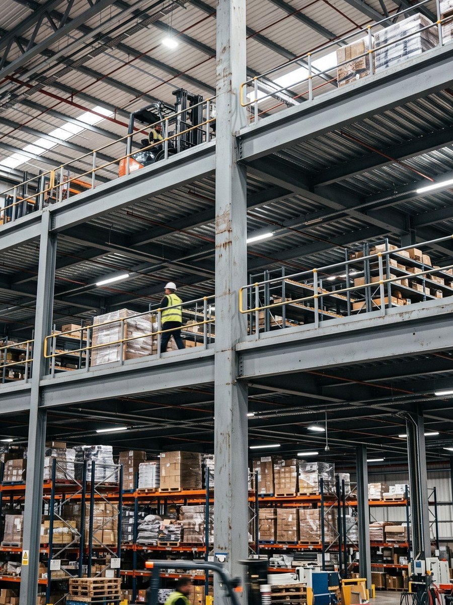 Steel mezzanine structure carrying a warehouse floor