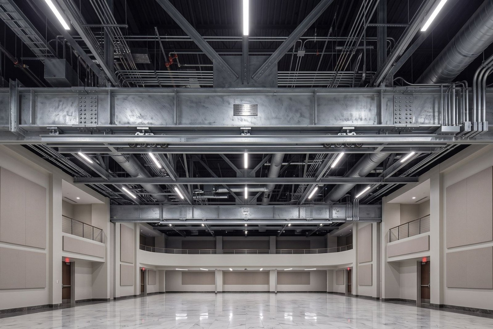 The steel support structure above the same ballroom ceiling