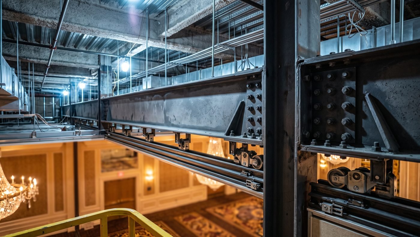 Head support beam carrying an operable partition track above a divisible hall, carrier wheels visible on the track