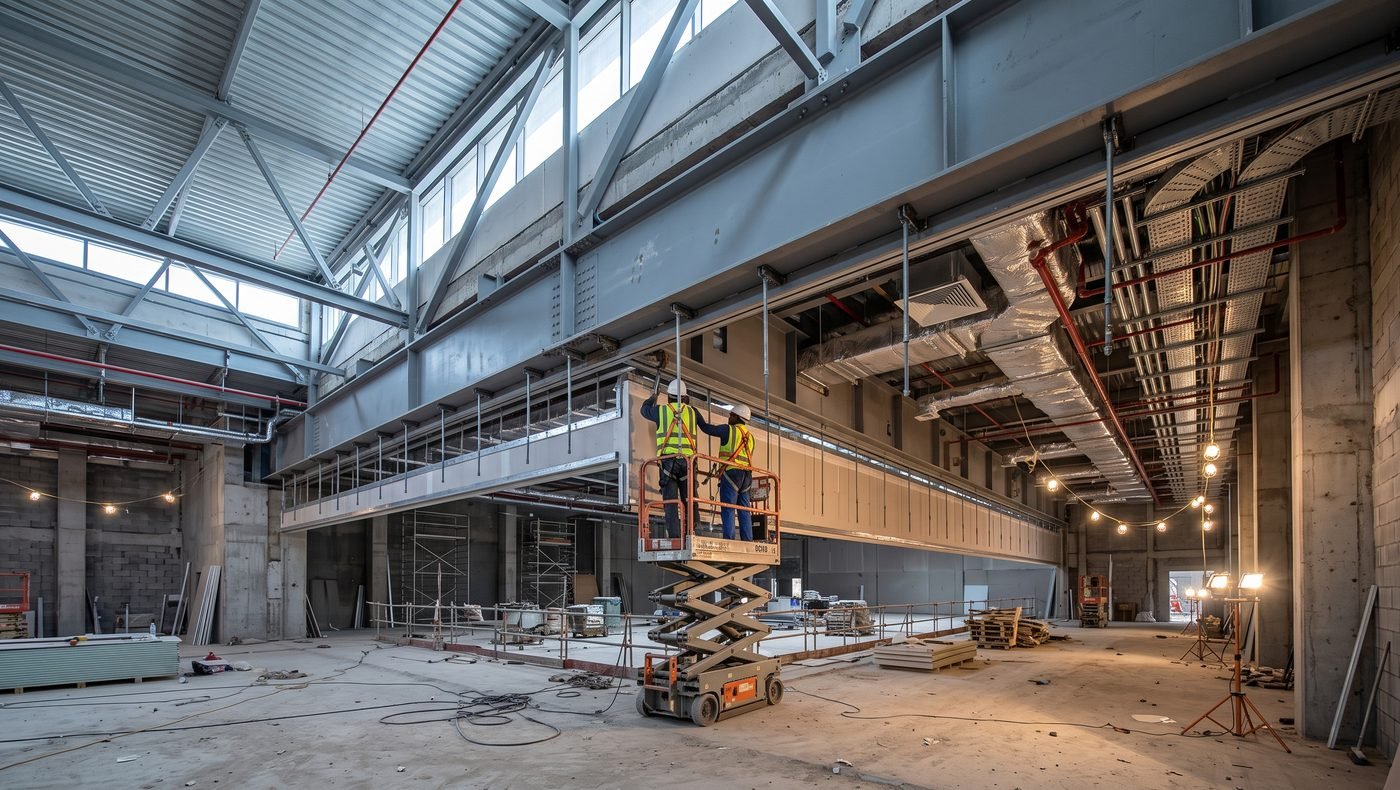 Deep fabricated support beam spanning a hospital hall, hanger rods carrying the bulkhead framing below