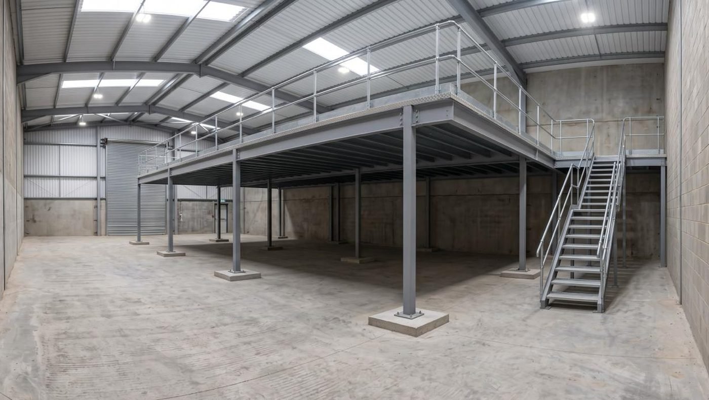 Steel mezzanine floor, columns and access staircase inside the Aster warehouse at Al Quoz