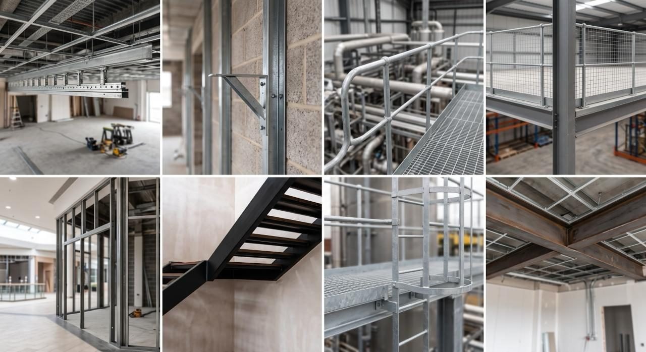 Eight details from completed packages: ceiling support steel, wall brackets, a galvanised walkway and handrail, mesh balustrade, partition framing, a stair stringer, a caged ladder and an exposed beam