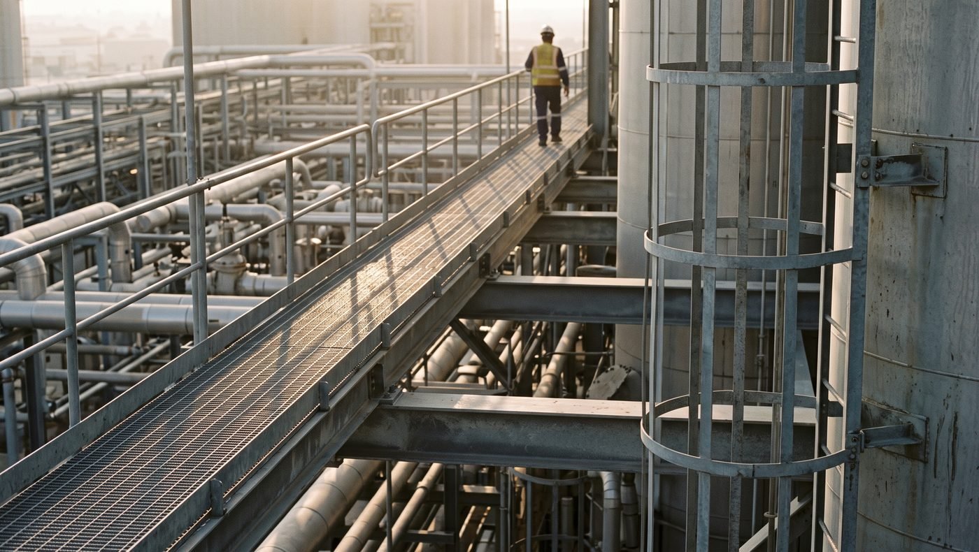 Galvanised elevated walkway with mesh grating and tubular handrail beside a caged ladder on a process vessel