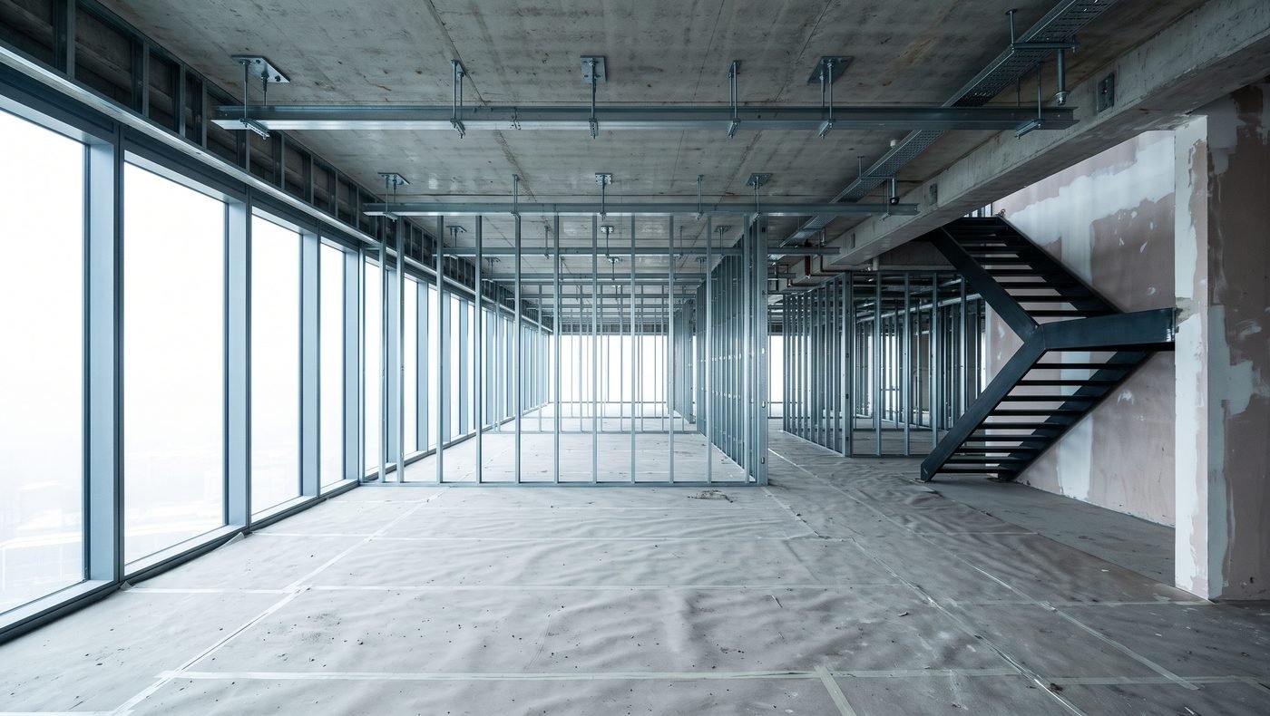 Light-gauge partition framing across an open floor plate with a black folded-plate feature stair against the core wall